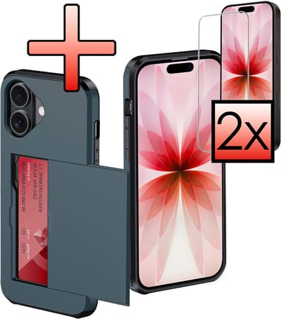 Hoes Geschikt voor iPhone 17 Hoesje Pasjeshouder Hard Cover Met 2x Screenprotector Shock Proof Hard Case Hoes Met Kaarthouder - Donkerblauw