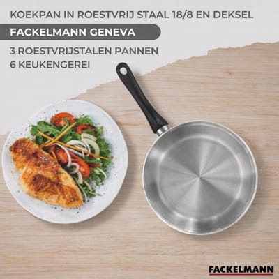 Set van 1 pan 20 cm roestvrij staal, glazen deksel, 3 roestvrijstalen kookpotten 16, 20 en 24 cm en 6 RPET keukengerei Fackelmann Geneva