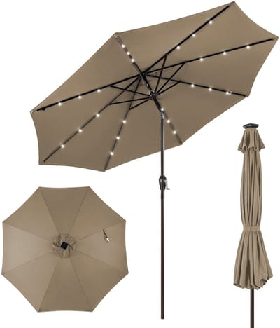 COSTWAY Ø300 cm led-parasol, tuinparasol, marktscherm met solarverlichting, terrasparasol achthoek, zwengelparasol, strandscherm, zweefparasol, hangscherm, kleurkeuze