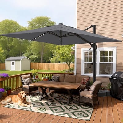 Ampelschirm 300x300 cm mit Kurbel und Solar-LED Beleuchtung, 360° Drehbar, UV-Schutz, Stabiler Aluminium Gartenschirm für Terrasse, Balkon & Garten – Laura