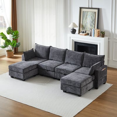 MIVRAY U-bank 289,6 x 87,6 cm - Modulair 6-zits Hoekbank Met Opbergruimte En Flexibele Opstelling - Voor Woonkamer - Chenille Grijs