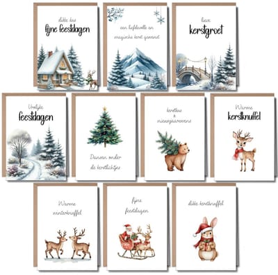 10 Luxe Kerstkaarten met Enveloppen - Wenskaarten Set Kerst - Kerstkaartjes - Nieuwjaarskaarten - Blanco - Dieren - A6
