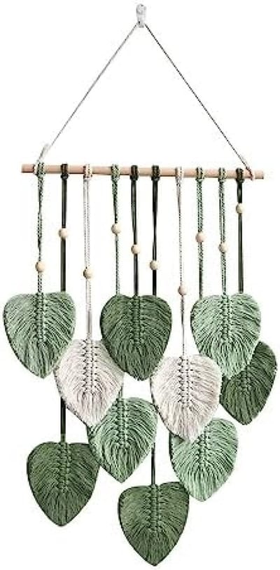 PromoHome Macramé Wandtapijt Bohemian Stijl - Handgemaakt Katoenen Wanddecoratie Met Houten Kralen en Groene Bladeren - Muurdecoratie Voor Slaapkamer, Woonkamer of Kinderkamer (40x90 cm)