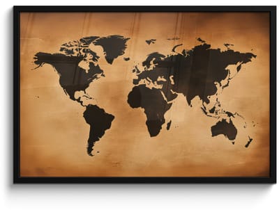 Poster in lijst - Fotolijst 90x60 cm - Posters - Wereldkaart - Bruin - Kaart - Posterlijst zwart - Decoratie - Wanddecoratie woonkamer - Muurdecoratie slaapkamer