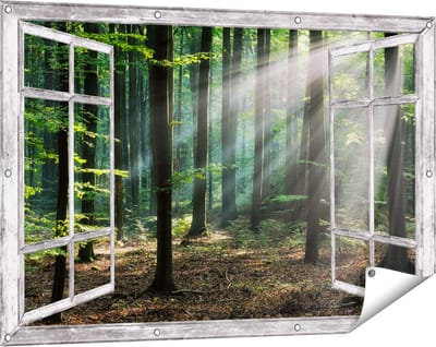 Gards Tuinposter Doorkijk Bos met Zon tussen de Bomen - 120x80 cm - Tuindoek - Tuindecoratie - Wanddecoratie buiten - Tuinschilderij