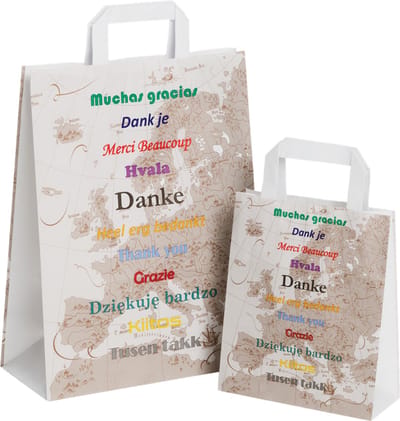 50 x Draagtassen " Thank you" / "Dank je " Van Gekleurd Kraftpapier Met Platte Oren 26x12x35cm / Kraft Papieren Tasjes Met Handvat/ Cadeautasjes met vlak handgrepen / Zakjes bedankt/