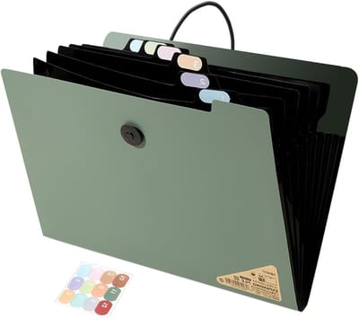 Uitbreidbare A4 Documentenmap met 13 Compartimenten en 12 Gekleurde Labels, Plastic Accordeonmap voor Kantoor, Thuis en School, Organisatie en Opberging