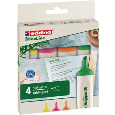 edding 24 EcoLine highlighter - markeerstift - geel/oranje/groen/roze - Blauwe Engel duurzaamheidskeurmerk