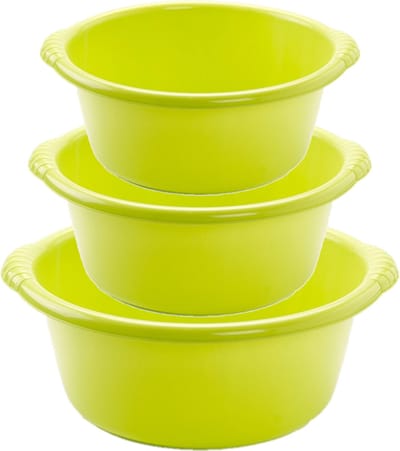 Voordeelset multifunctionele kunststof ronde teiltjes groen in 3-formaten - 10-15-20 liter inhoud