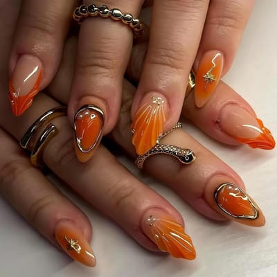 Opdrukbare Nagels - Nepnagels Korte Amandel - Stijlvolle Look Creëren - 3D Nagelkunst Ontwerp - 24 Stuks - Oranje