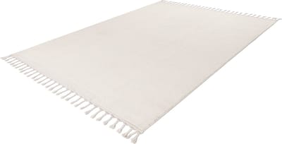 Lalee Tunis plat geweven vloerkleed uni effen tapijt laagpolig met grote franjes tijdloos 80x150cm ivoor gebroken wit