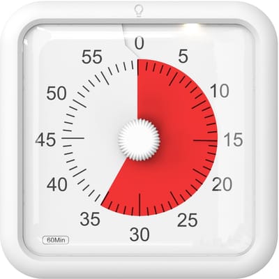 Timer – leerklok voor kinderen – stille visuele timer 60 minuten – educatieve klok – pomodoro timer – 16x16 cm – -timer – tijdmanagement tool voor school, werk, thuis – met alarm – wit/rood – visuele countdown – schermtijd instellen – kookwekker