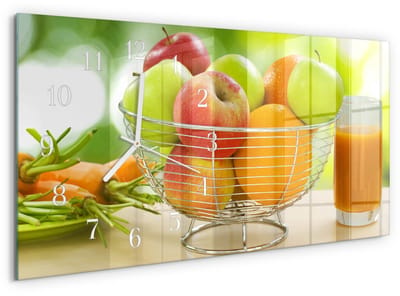 Tulup Wandklok - Fruit en sap Glazen Wandklok Design - 60x30 cm - Groente Klok Glas Met Opdruk - Witte Handen - Rechthoekige Wandklok - Glazen Klok Met Print - Wandklok Glas Met Motief