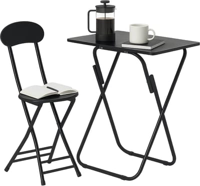 Lomera Klaptafel Met Stoel - Opvouwbare Stoel - Zwart Metalen Frame - Mdf Tafelblad - Houtmotief - Direct Te Gebruiken - Lichtgewicht Set - Compact Formaat - Multifunctioneel Gebruik - Eenvoudig Opbergen - Laag Model Zithoogte