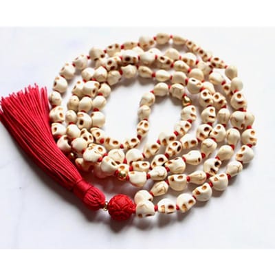 Kali Mala, Schedel Mala Kralen, 108 Mala Kralen, Schedel Ketting, Kali Mala Kralen, Godin Kali Ketting, Schedel Gebedskralen beige