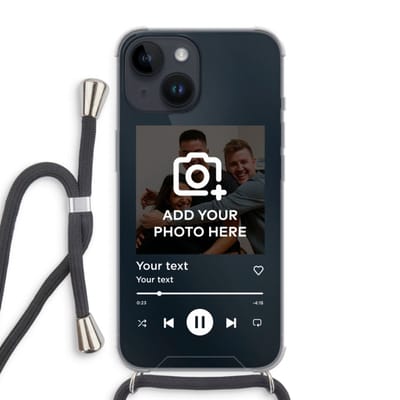 Gepersonaliseerd - Case Company® - Hoesje met koord geschikt voor iPhone 14 hoesje met Koord - Music Player - Telefoonhoesje met Zwart Koord - Extra Bescherming aan alle Kanten en Over de Schermrand