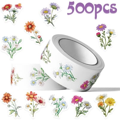 500PCS Stickers Rouleau Marguerites Fleurs Sauvages Fleurs Dessin Animé Colorées Scrapbooking Café Téléphone Art Image Autocollant Bagage