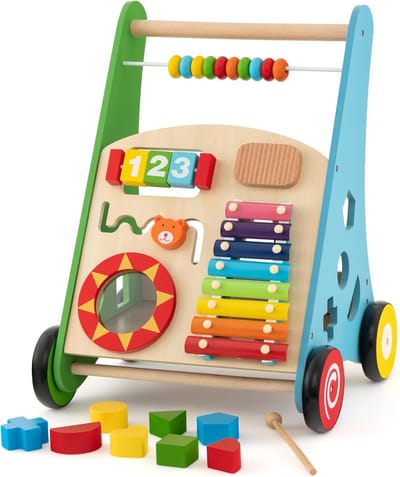 COSTWAY Babyloophulp van hout, multifunctionele loopwagen met gladde handgrepen, rubberen banden en geïntegreerde speelactiviteiten, loopwagen voor baby's vanaf 1 jaar (kleurrijk)