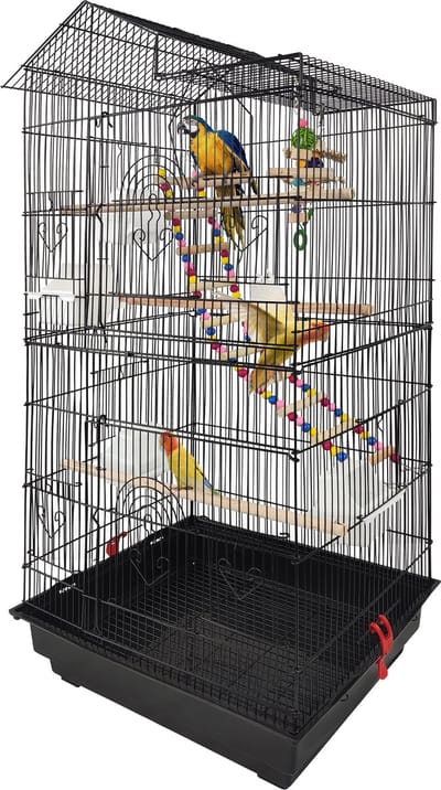 Metalen vogelkooien, parkietenkooi met speelgoed en rustplek, houten zitstok, valkparkietenkooi, 46x35,5x99cm, draagbare volière met voerbak en verwijderbare lade voor siervogels NAIZY