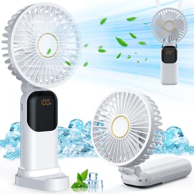 Mini draagbare ventilator, USB oplaadbare ventilator, kleine zakventilator met 5 snelheden en voet, stille opvouwbare handventilator voor kantoor en buitengebruik (wit)