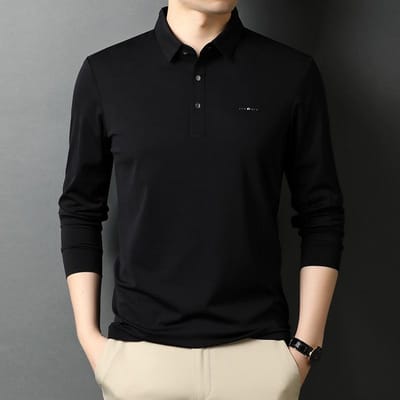 Lente en Herfst Nieuw Mannen Jeugd Kraag Los T-shirt Lange Mouwen Mannen Casual Poloshirt XXL black