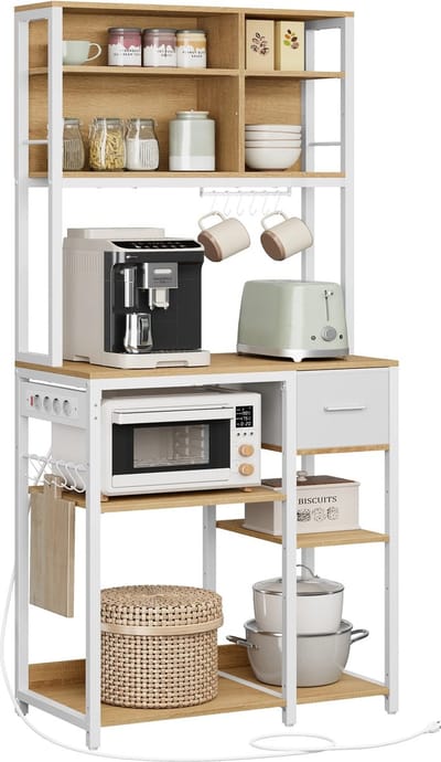 Multifunctioneel 7 Laag Staal Keuken Rek Magnetron Kast- Verstelbare Planken & Lade & 6-S Haken Gouden Eik-Gekleurde Houtspaanplaat, Staal 40x80x180,4cm 22,8 kg- Opbergrek - Stellingkast Berging Laadvermogen 150Kg- Werk Oppervlak40x80cm 50Kg Haak 5Kg