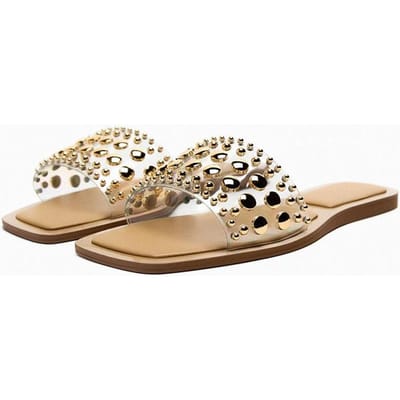 Pantoufles décontractées d'été pour femmes, tongs à rivets, chaussures de plage confortables, sandales plates pour dames 36 transparent