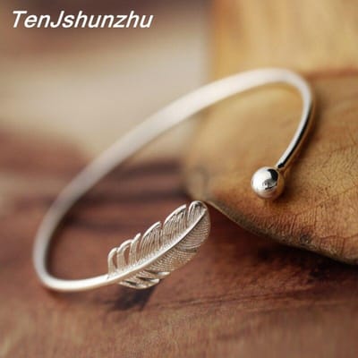 925 Sterling Zilveren Sieraden Vrouwelijk Eenvoudige Veer Verstelbare Armband & Armband voor Vrouwen Pulsera Sl005 beige
