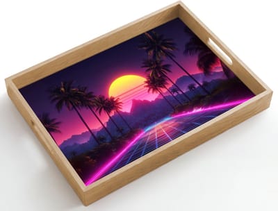 Dienblad hout 50x35 cm - Schootdienblad - Horizon - Palmbomen - Bergen - Geel - Borrelplank rechthoek - Plateau dienbladen