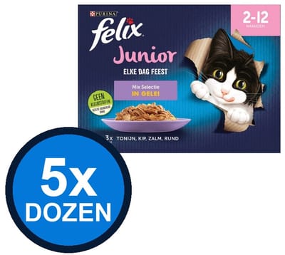 5x Felix - Elke Dag Feest In Gelei Junior Mix Selectie Multipack - Kattenvoer Natvoer - 1.02 kg