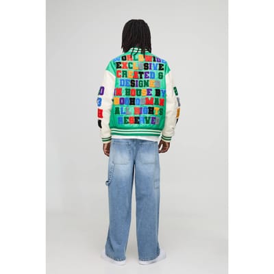 Boxy Fit Letter Badge Official Applique PU Varsity Bomberjack | Green | Size XS
