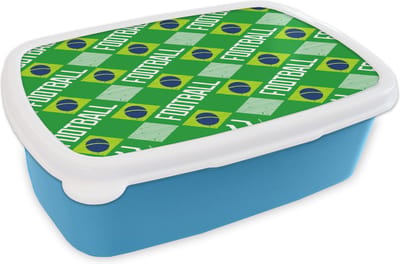 Broodtrommel Blauw - Lunchbox - Brooddoos - Brazilië - Voetbal - Patronen - 18x12x6 cm - Kinderen - Jongen