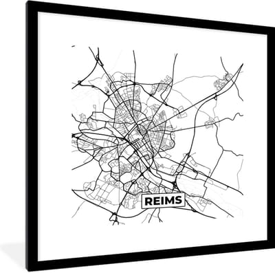 Fotolijst incl. Poster Zwart Wit- Kaart - Plattegrond - Reims - Frankrijk - Stadskaart - Zwart wit - 40x40 cm - Posterlijst