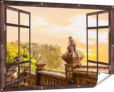 Gards Tuinposter Doorkijk Aap op de Uluwatu Tempel in Bali - 150x100 cm - Tuindoek - Tuindecoratie - Wanddecoratie buiten - Tuinschilderij