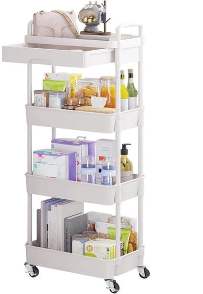 KAD® Keukentrolley - Keukentrolley op Wieltjes - Compacte Serveerwagen - Wit - 40cm x 30cm x 108cm