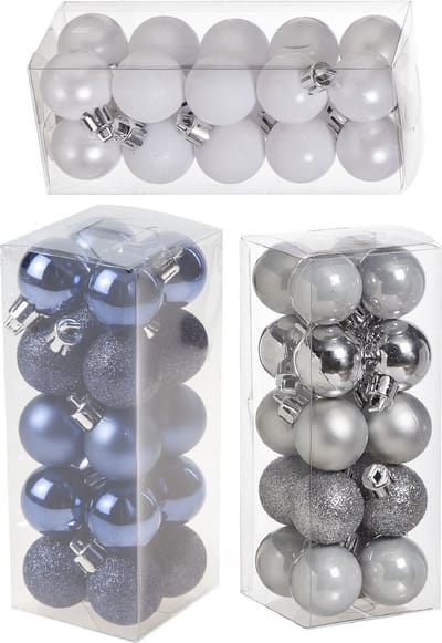 Kleine kunststof kerstversiering 60x stuks set en 3 cm kerstballen in het zilver-wit-blauw - Voor kleine kerstbomen