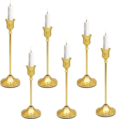 Set van 6 Gouden Kaarsenhouders van Metaal (16/19/23 cm) - Vintage Design met Antislip Basis voor Tafelversiering, Bruiloften en Feestdagen, Perfect voor Woonkamer en Bar