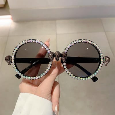 Designer Stijl Stijl Luxe Diamant Rond Zonnebril Bril Dames Voor Mannen Trendy Klassiek Zon Zonnebril Steampunk Feest Skelet Zonnebril UV400