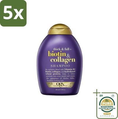 5 x OGX – Shampoo – Biotin & Collagen – 385 ml - Grootverpakking - Volume Shampoo - Collagen Biotine Shampoo - Volumegevende Shampoo - Haargroei Shampoo - Haarkracht Shampoo