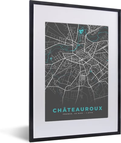 Fotolijst incl. Poster - Châteauroux - Plattegrond - Stadskaart - Frankrijk - Kaart - 30x40 cm - Posterlijst