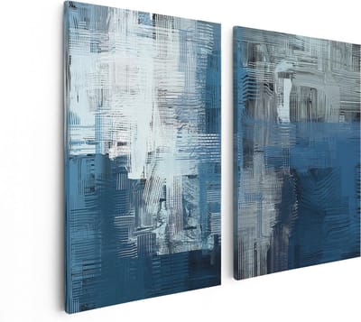 Artaza Canvas Schilderij Tweeluik Abstracte Kunst - Blauw Witte Penseelstreken - 80x60 cm - Wanddecoratie Woonkamer - Schilderijen - Muurdecoratie