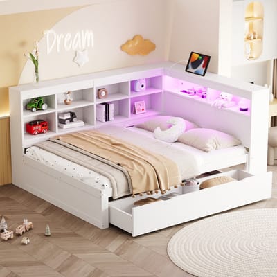 MODENUIT Houten Bedbank 140x200 cm – Usb-aansluiting en Led-verlichting – Opbergruimte met Laden – Zonder matras – Wit