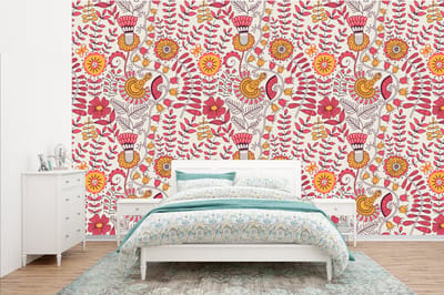 Behang - Fotobehang Bloemen - Design - Roze - Oranje - Breedte 385 cm x hoogte 240 cm