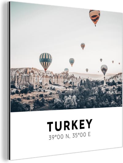 Wanddecoratie Metaal - Aluminium Schilderij Industrieel - Turkije - Luchtballon - Bomen - 90x90 cm - Dibond - Foto op aluminium - Industriële muurdecoratie - Voor de woonkamer/slaapkamer