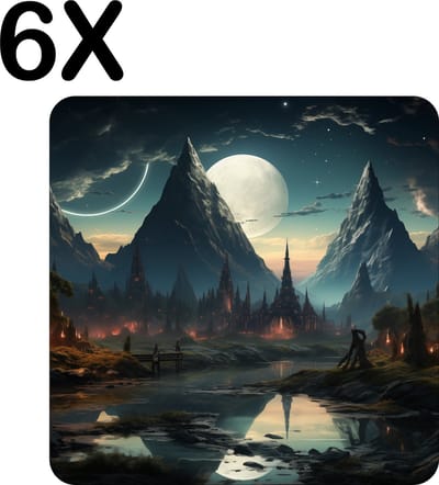 Luxe Placemat - Getekend - Nacht - Puntige Stad - Maan - Bergen - Set van 6 Placemats - 50x50 cm - 2 mm dik Vinyl - Anti Slip - Afneembaar