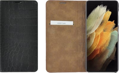 Geschikt voor Samsung Galaxy S21 Ultra hoesje - Wallet case- S21 Ultra hoesje - Portemonnee Bookcase Ultra dun Echt leer Croco Zwart