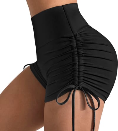 Yoga Shorts dames hoge taille – scrunch ruched sport shorts dames, strakke gym shirt met strikdetail, fitness shorts voor yoga, hardlopen en training - Zwart - Maat S