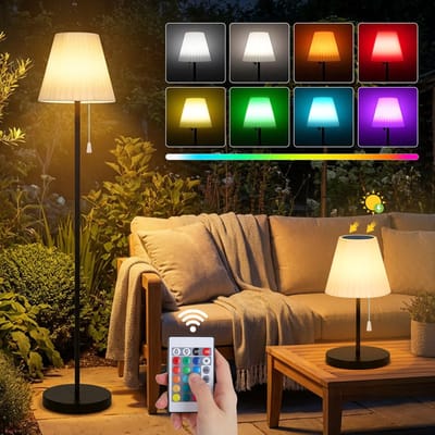 Rosnek Solar Staande Buitenlamp met Afstandsbediening - RGB & Warm Wit - IP65 Waterdicht - USB Oplaadbaar (Hybride) - 143cm - Terrasverlichting & Tuinlamp - Zwart