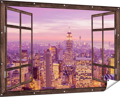 Gards Tuinposter Doorkijk New York Skyline met Lichten bij Zonsondergang - 180x120 cm - Tuindoek - Tuindecoratie - Wanddecoratie buiten - Tuinschilderij