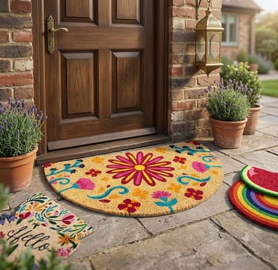 Maison Elara Voetmat Kokos Halfrond 40x70 cm – Antislip PVC – Natuurlijke Kokosvezel Vuilvangmat voor Binnen en Buiten (Bloemig)
